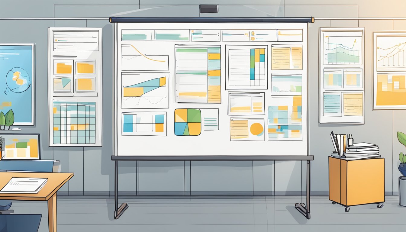 A table with a whiteboard showing a communication project plan with charts and diagrams