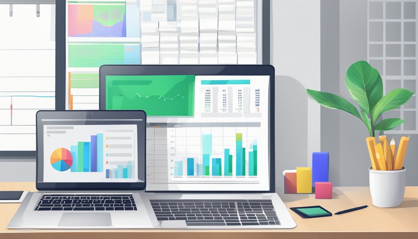 A table with a laptop, pen, and paper. A calendar on the wall. Charts and graphs on the computer screen. Budget and communication plan documents