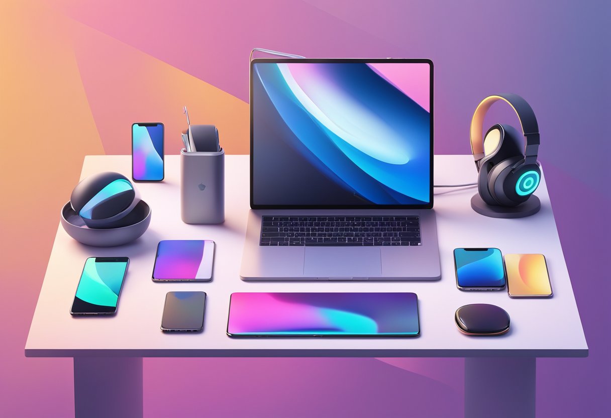 A sleek, modern Apple Vision PRO device sits on a clean, minimalist desk, surrounded by high-tech gadgets and a futuristic, vibrant digital display