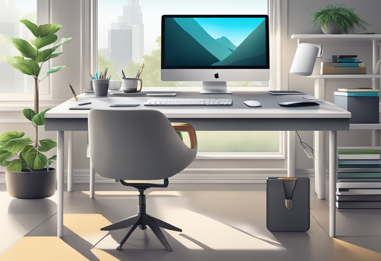 A sleek, modern workspace with Apple devices and personalized accessories