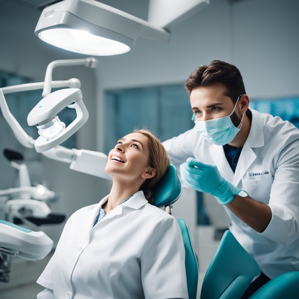 A dentist in a white coat examines a patient's open mouth with a bright light overhead in a modern dental office