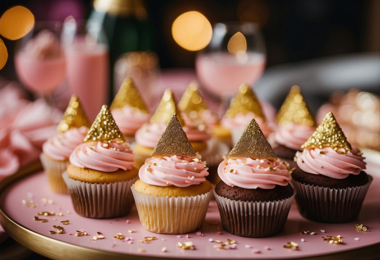 A table adorned with pink and gold bachelorette party cupcakes, topped with glittery decorations and surrounded by champagne glasses and confetti