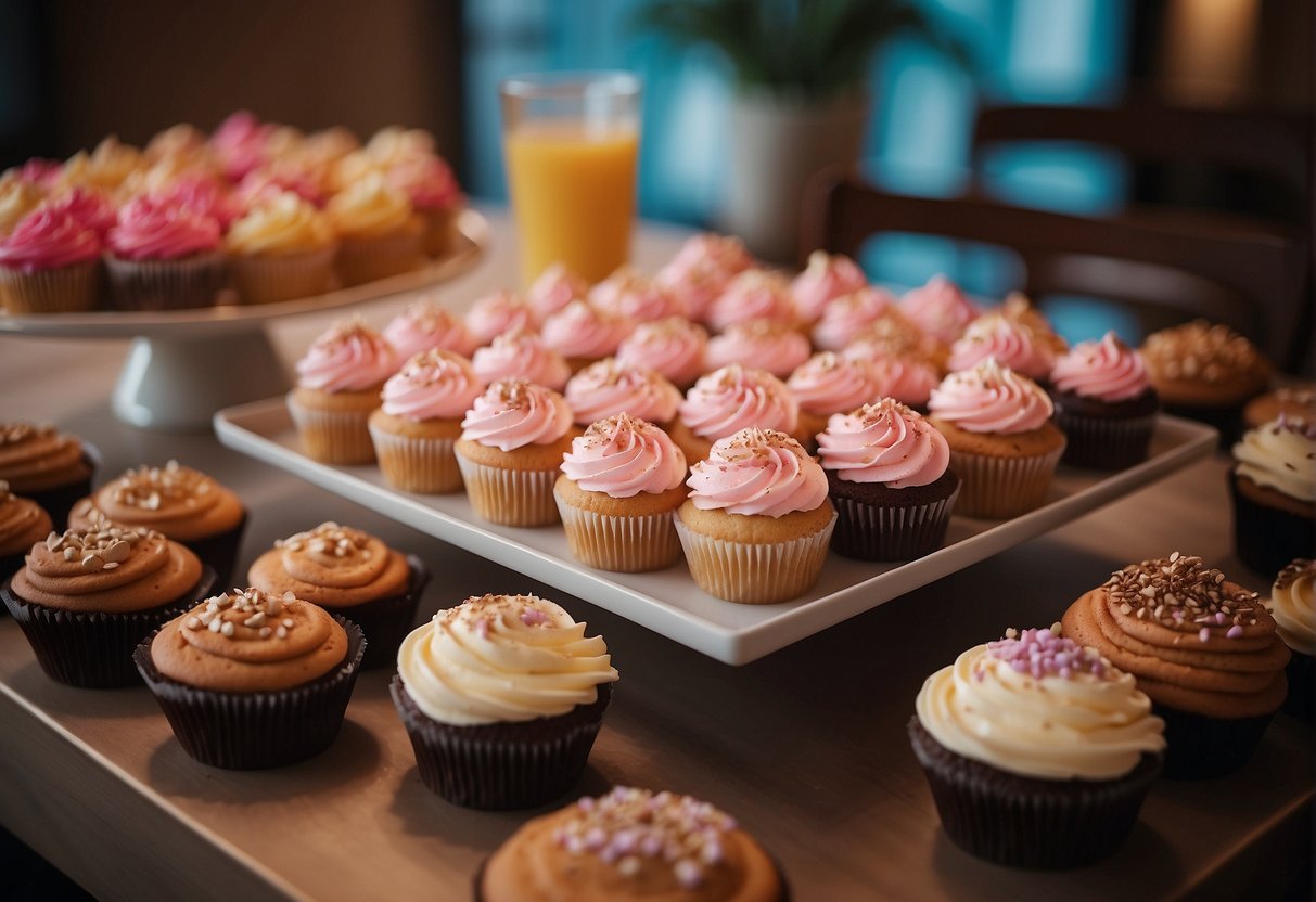 A table filled with various flavors of cupcakes and recipe books for a bachelorette party