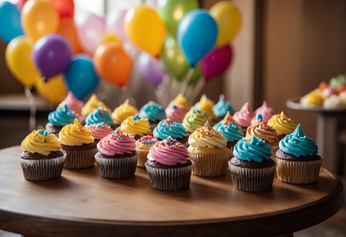 A table filled with colorful cupcakes, surrounded by frosting, sprinkles, and decorative toppers. Party banners and balloons in the background