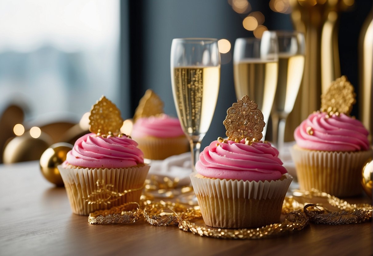 Bright pink and gold cupcakes arranged on a table with glittery decorations and champagne glasses