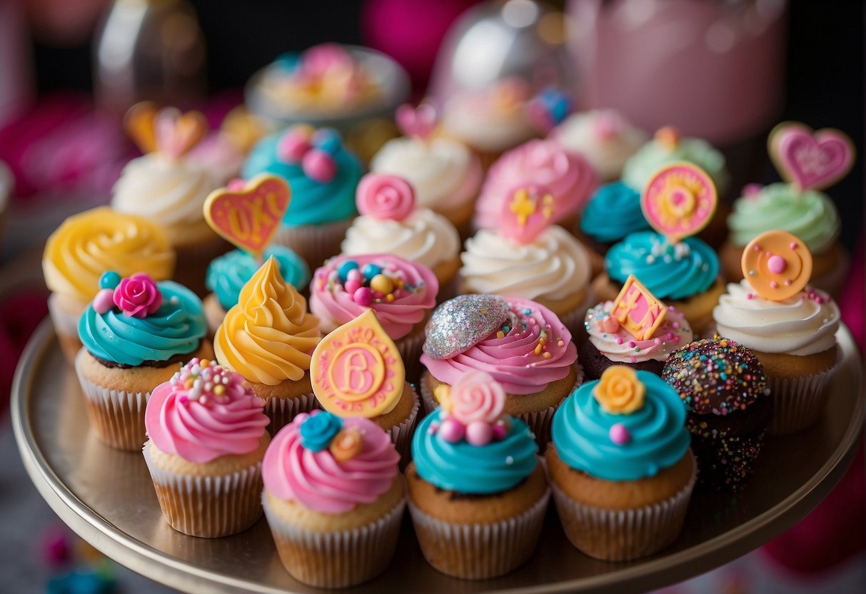 A table adorned with colorful bachelorette party cupcakes, topped with playful decorations and sparkly frosting