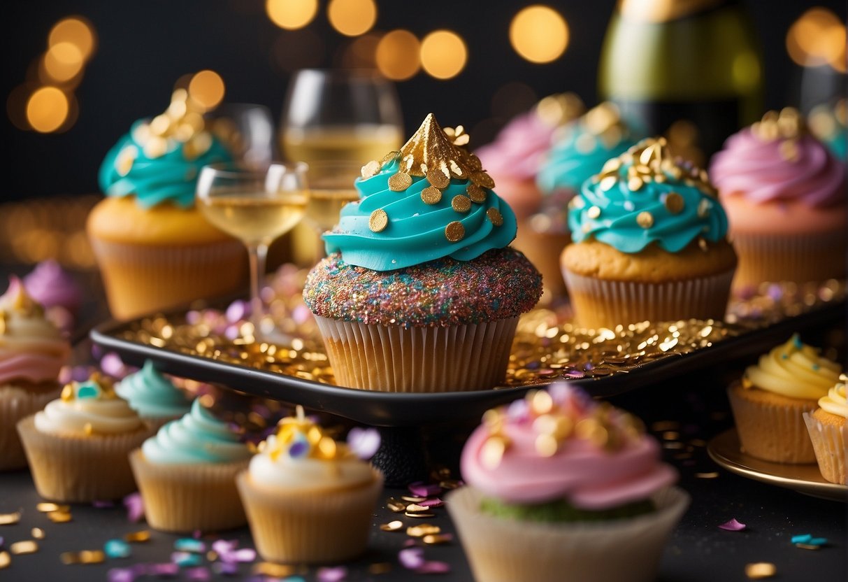 A table filled with colorful cupcakes, adorned with sparkly sprinkles and edible glitter, surrounded by champagne glasses and confetti