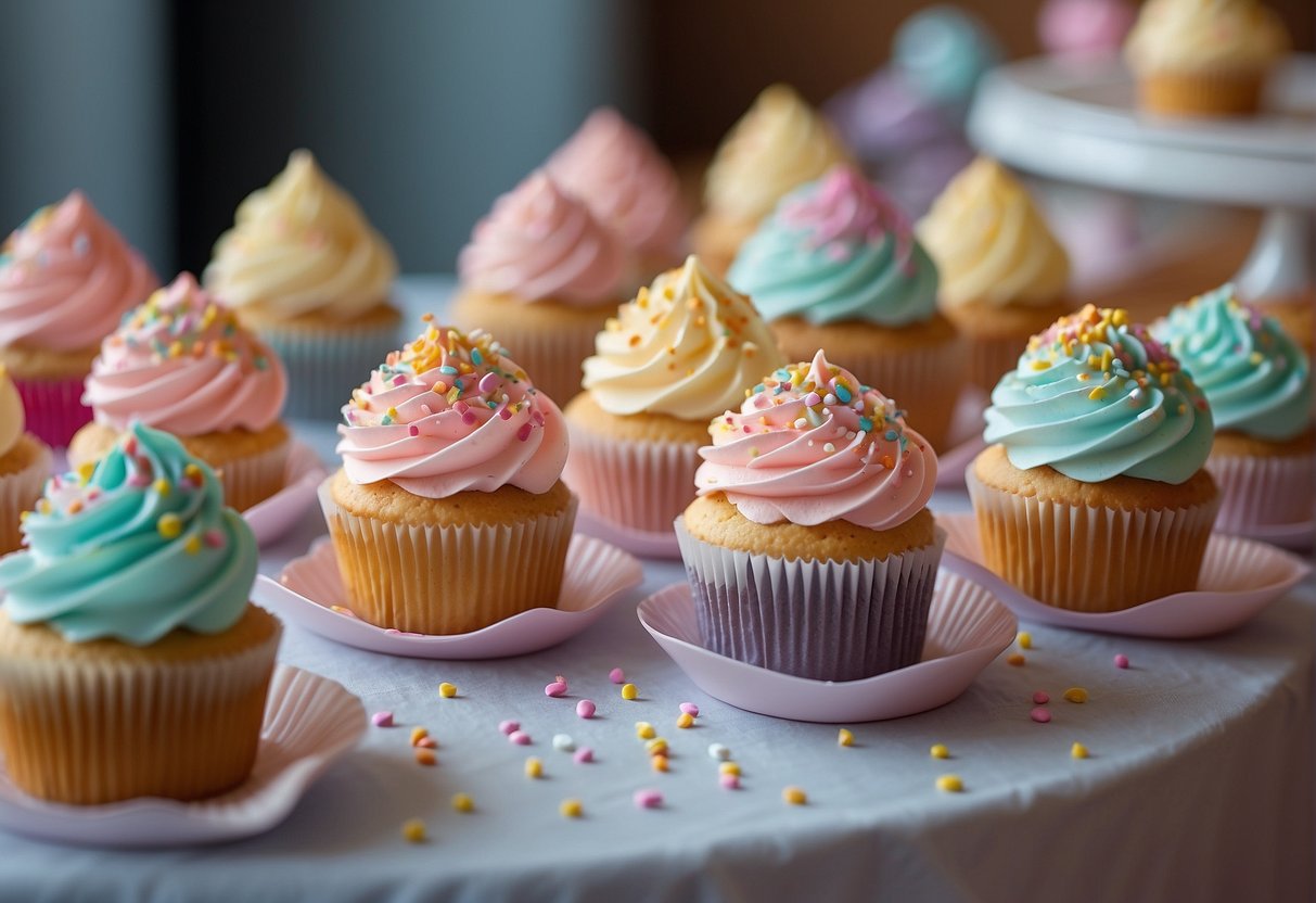 A table adorned with pastel-colored cupcakes arranged in a visually appealing manner, with decorative frosting and sprinkles