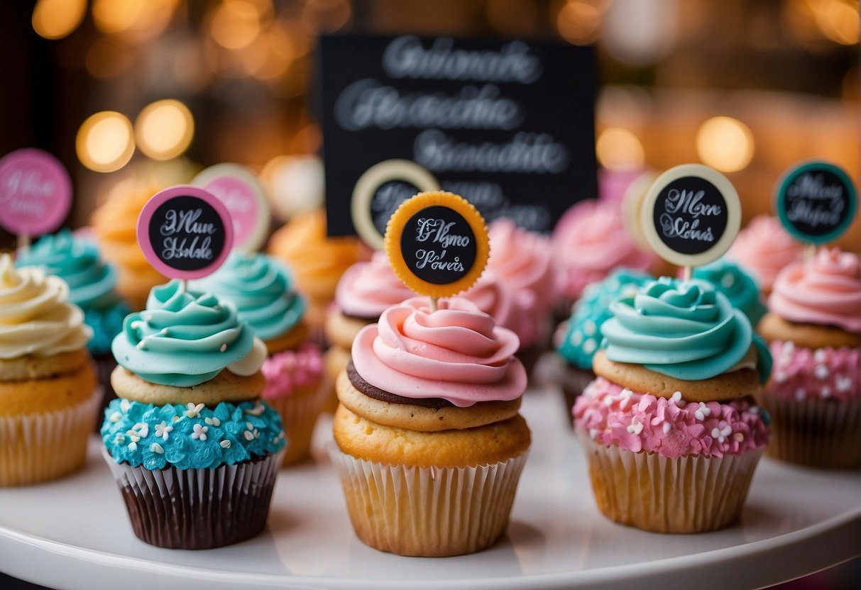 A colorful display of bachelorette party cupcakes in a whimsical cupcake shop, with a sign advertising custom orders