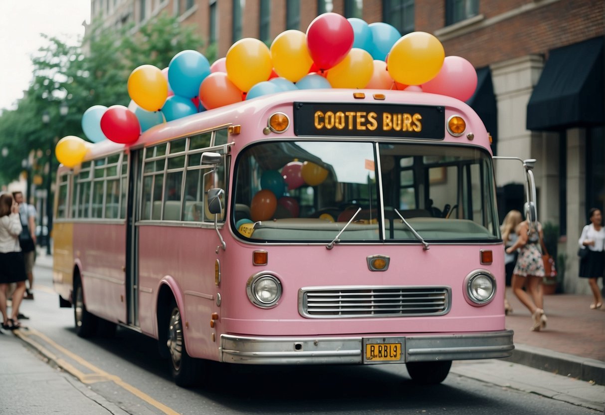 A colorful party bus parked outside a hotel, with balloons and streamers decorating the exterior. A group of excited women board the bus, carrying matching customized tote bags and sipping on champagne
