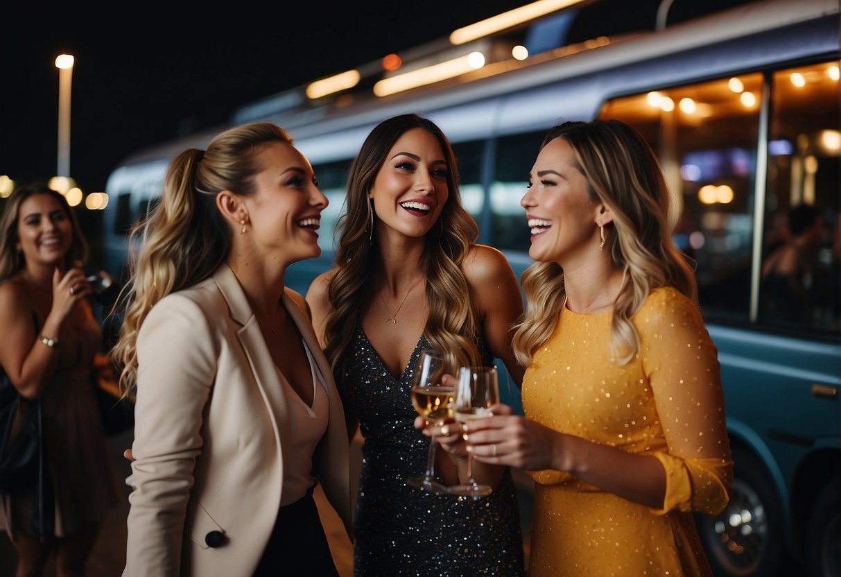A group of excited women gather outside a sleek party bus, chatting and laughing as they prepare to board for a bachelorette celebration