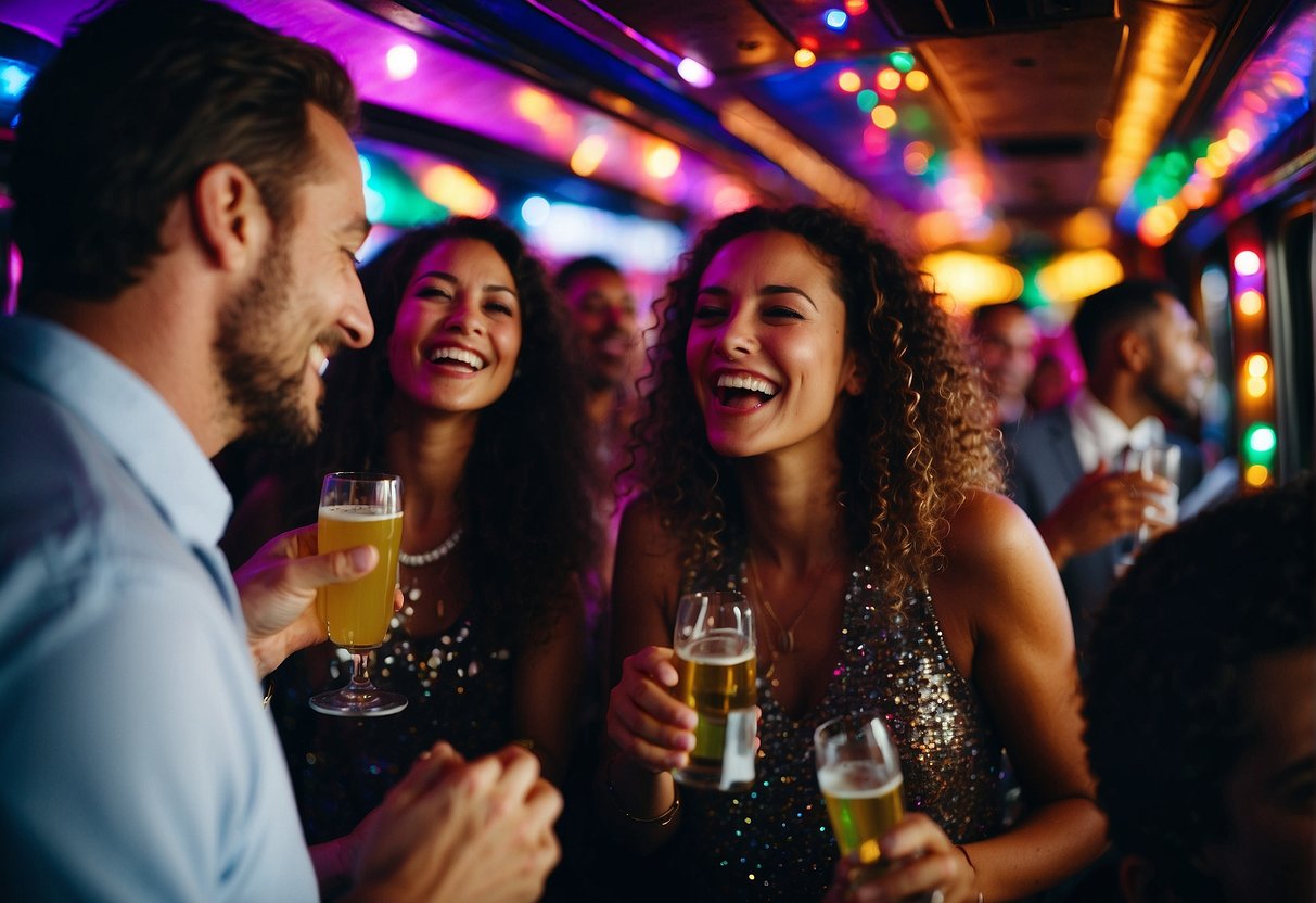 Guests laughing, dancing, and toasting on a decked-out party bus with colorful lights, music, and drinks, while a friendly driver ensures a smooth and safe ride