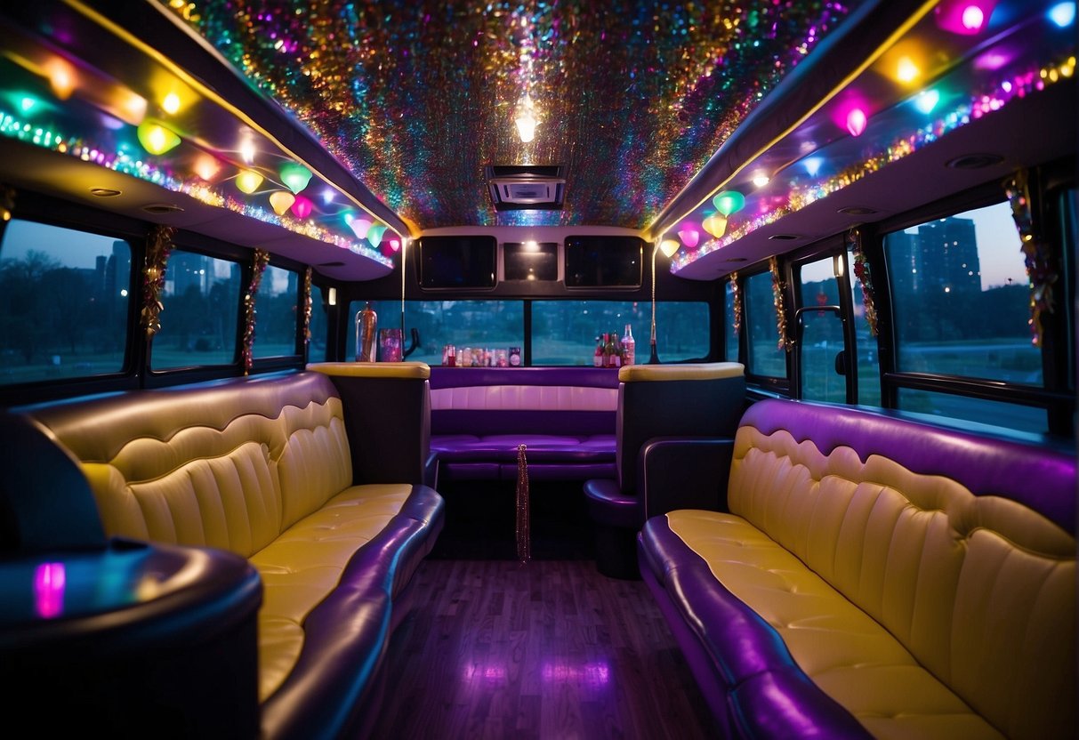 The party bus is decorated in vibrant colors with a "Bachelorette Party" theme. Streamers, balloons, and disco lights create a fun and festive atmosphere
