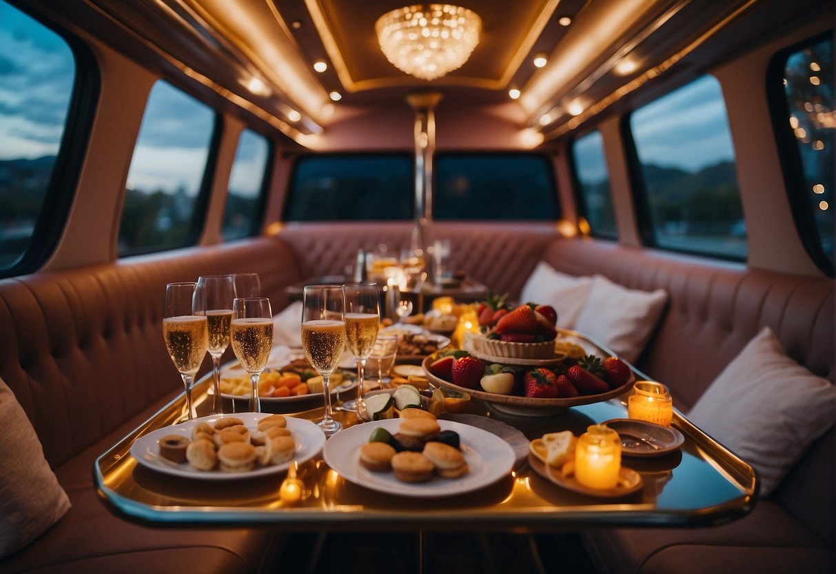 A bachelorette party bus with a table set up for food and drinks, including champagne, cocktails, and a variety of appetizers and desserts