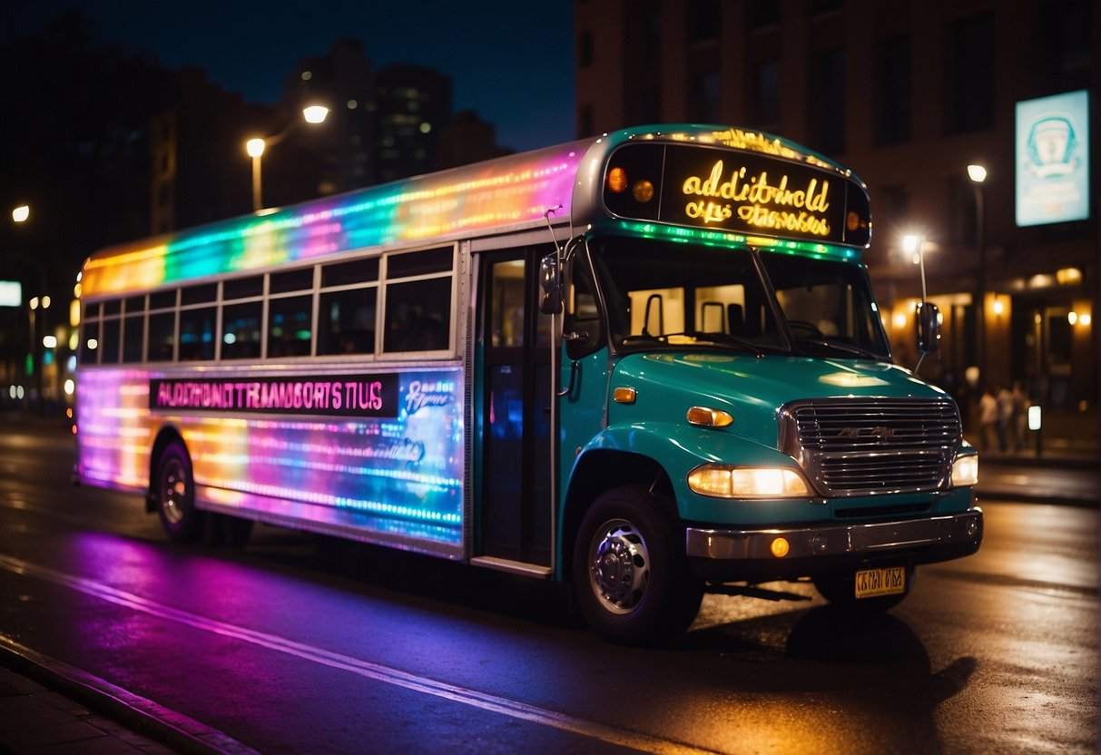 A colorful party bus with "Additional Transportation Services" logo, filled with excited bachelorette party attendees, driving through a vibrant city at night