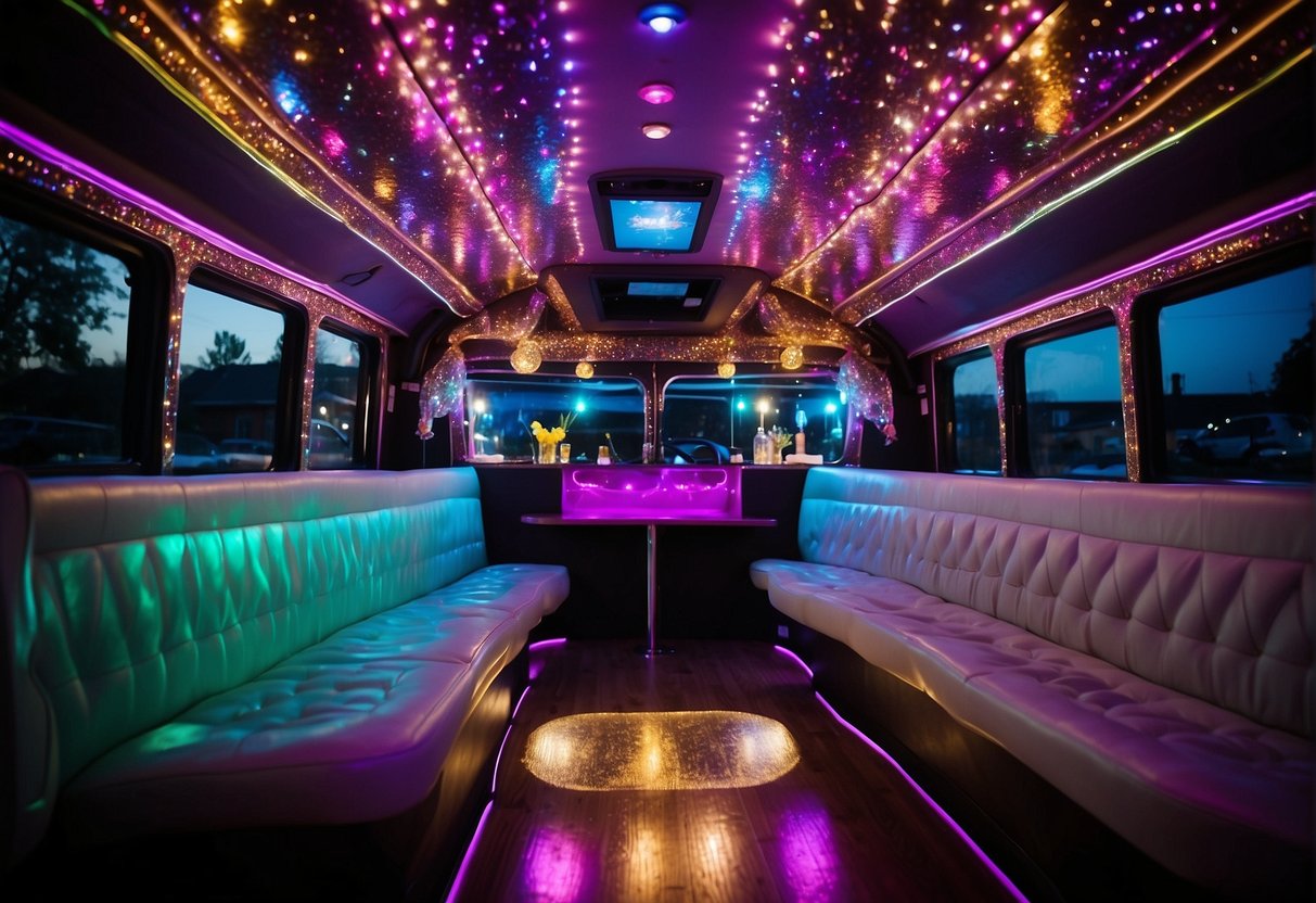 A vibrant party bus with colorful lights, music, and lively decorations, ready for a bachelorette celebration