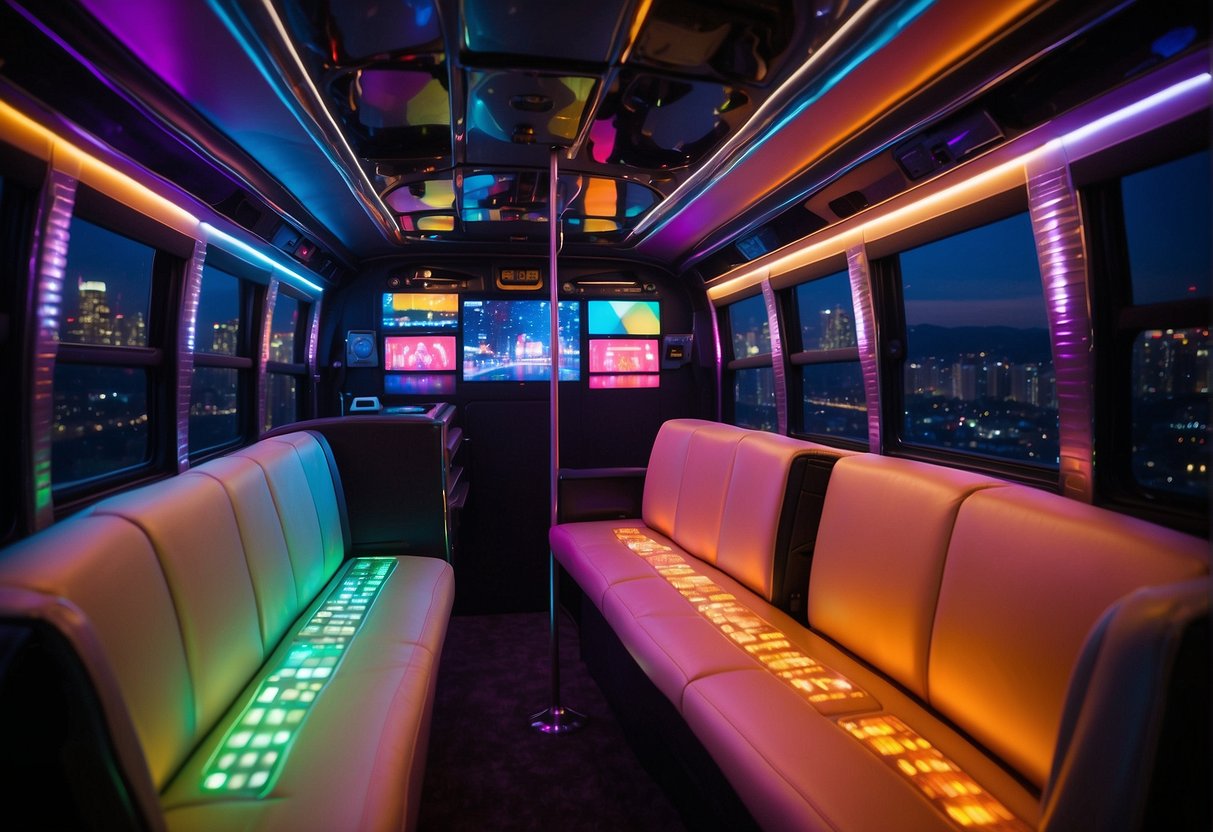 A lively bachelorette party bus with colorful lights, music, and screens displaying entertainment and technology-themed graphics