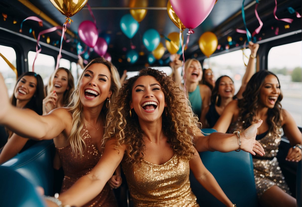 A group of women laugh and dance on a vibrant party bus, with balloons and streamers decorating the interior. The bus is filled with excitement and energy as the bachelorette celebration continues