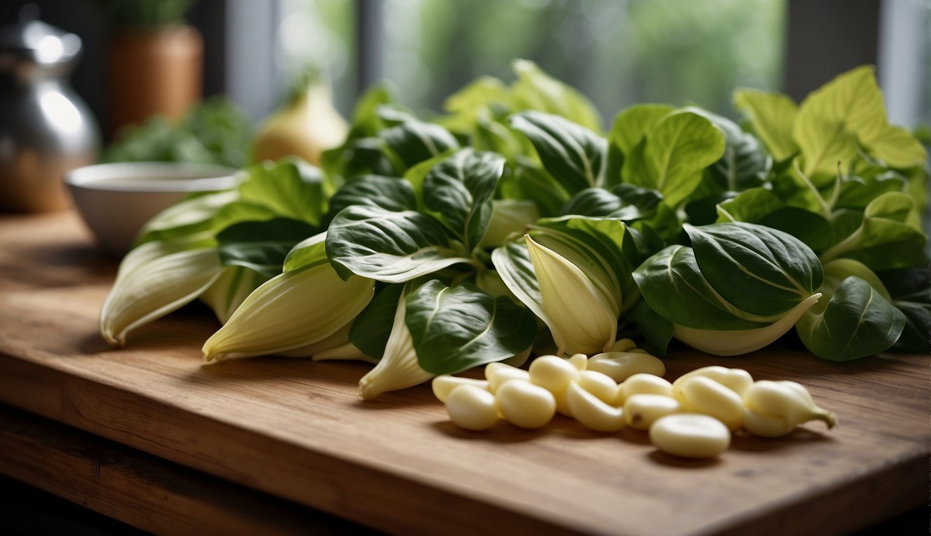 Hostas arranged on a cutting board with fresh herbs and vegetables, ready to be used in a culinary dish