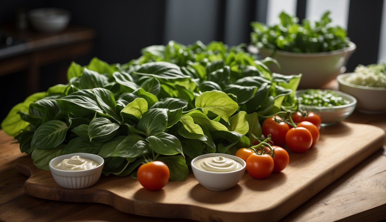 Lush green hostas leaves are arranged on a wooden cutting board, surrounded by fresh vegetables and a bowl of dressing