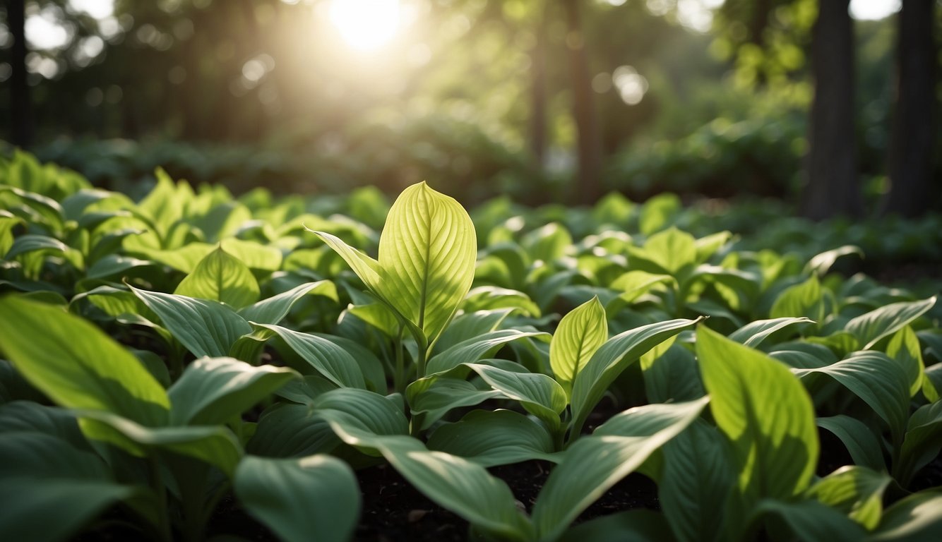 Lush green hostas grow in a garden, their leaves unfurling and reaching towards the sun. A gardener harvests the mature leaves, carefully cutting them for use