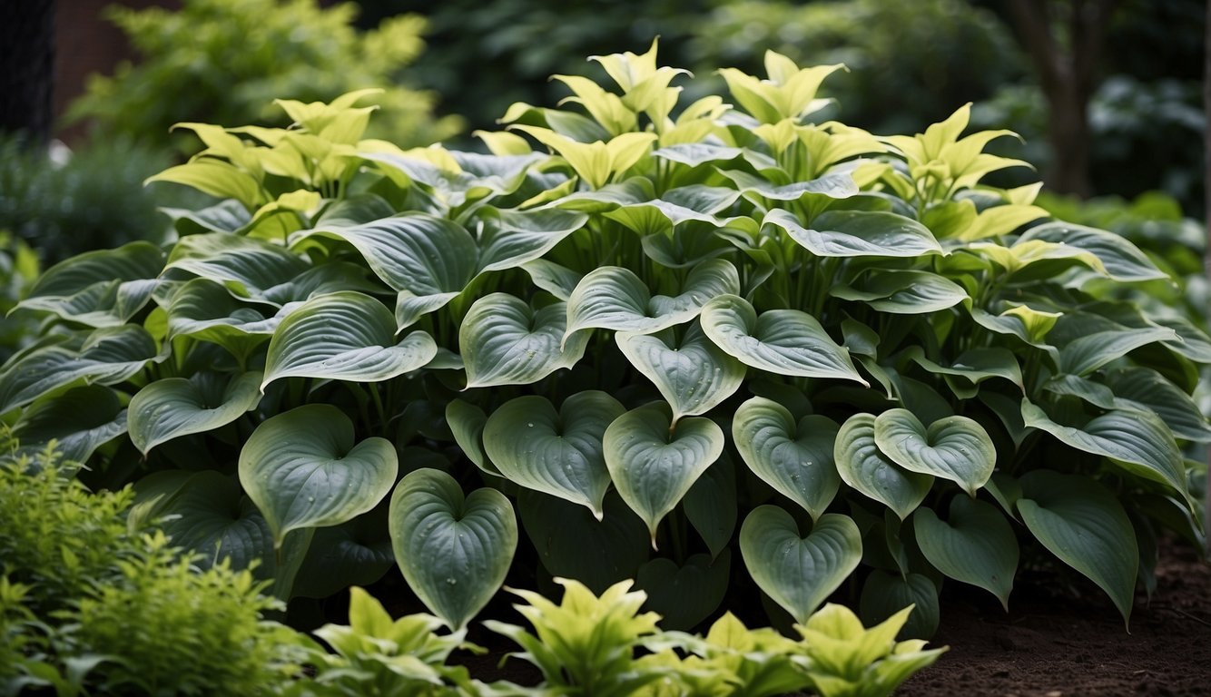 A lush garden bed filled with various hosta plants, their large, textured leaves creating a dynamic and visually appealing landscape design