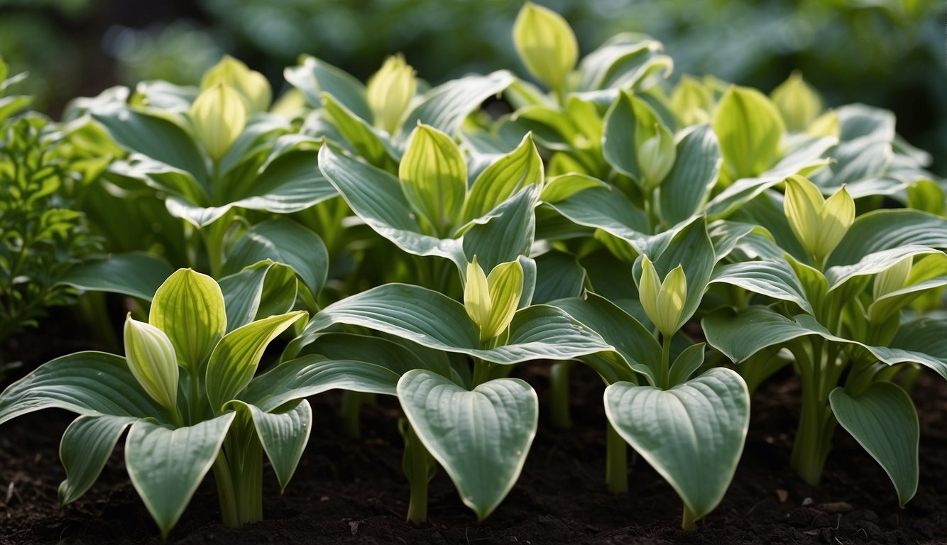 Hosta plants spread their leaves, producing delicate flowers. A gardener selects and cross-pollinates different varieties to create new edible hosta breeds