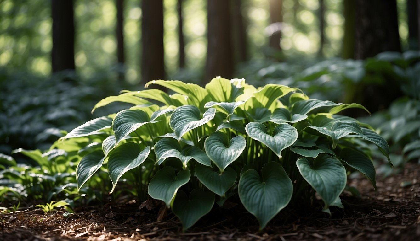 Lush green hosta leaves and purple flower spikes in a woodland setting, with dappled sunlight filtering through the trees