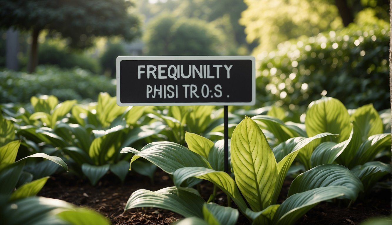 A sign reads "Frequently Asked Questions: Are Hostas Edible?" with a lush garden backdrop