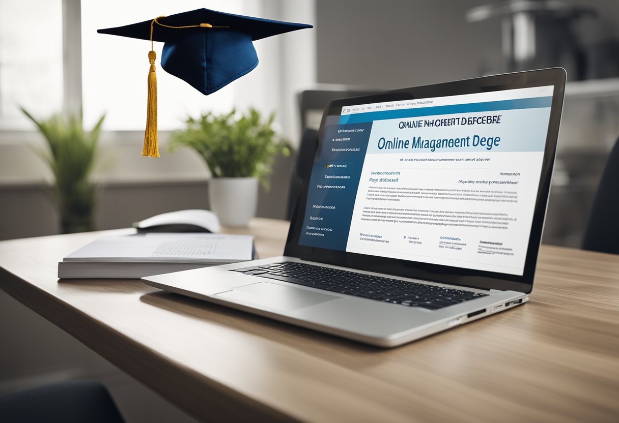 An open laptop displaying an online HR management degree program with a graduation cap and diploma beside it