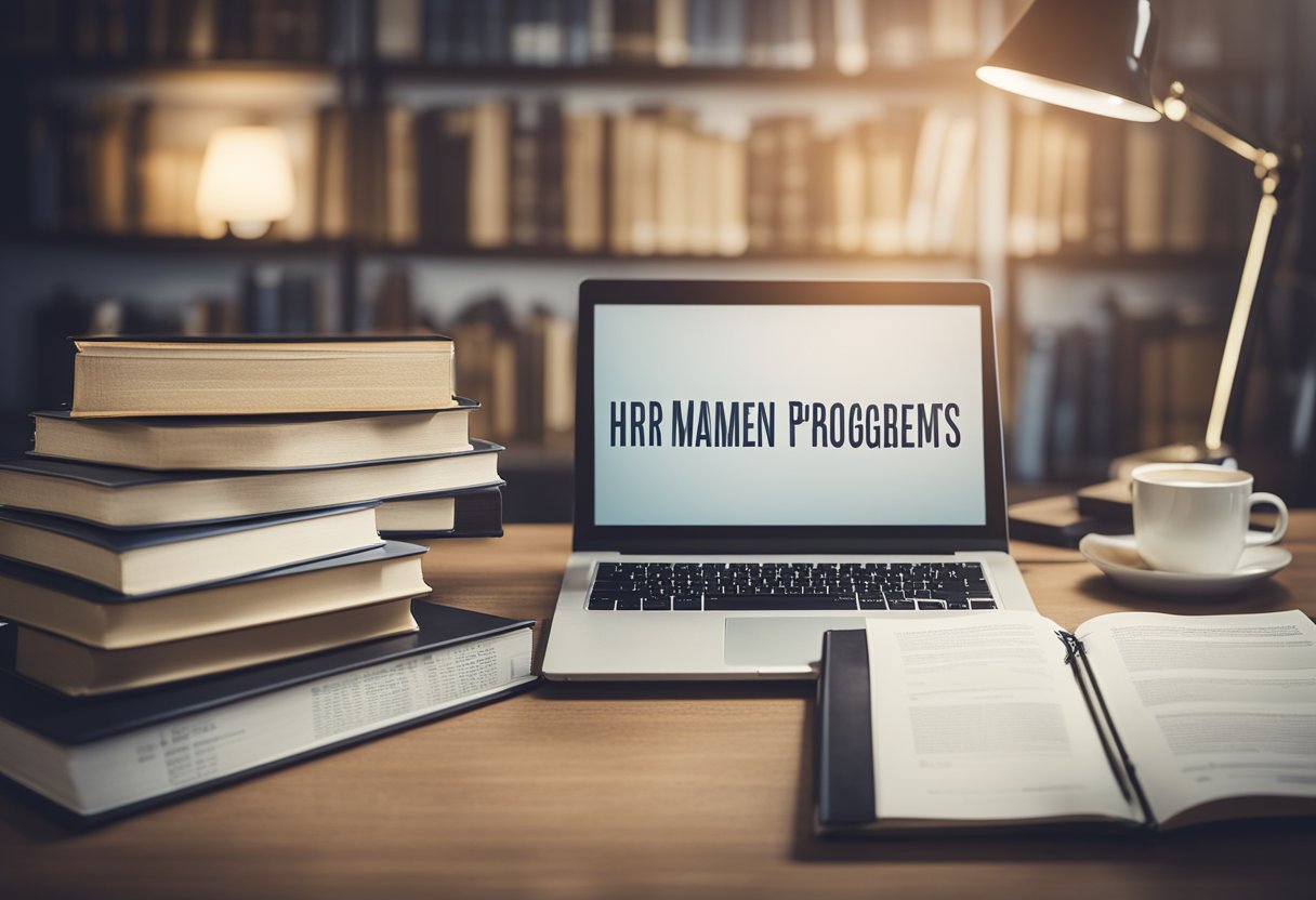 A laptop displaying HR management degree programs, surrounded by books and a desk lamp