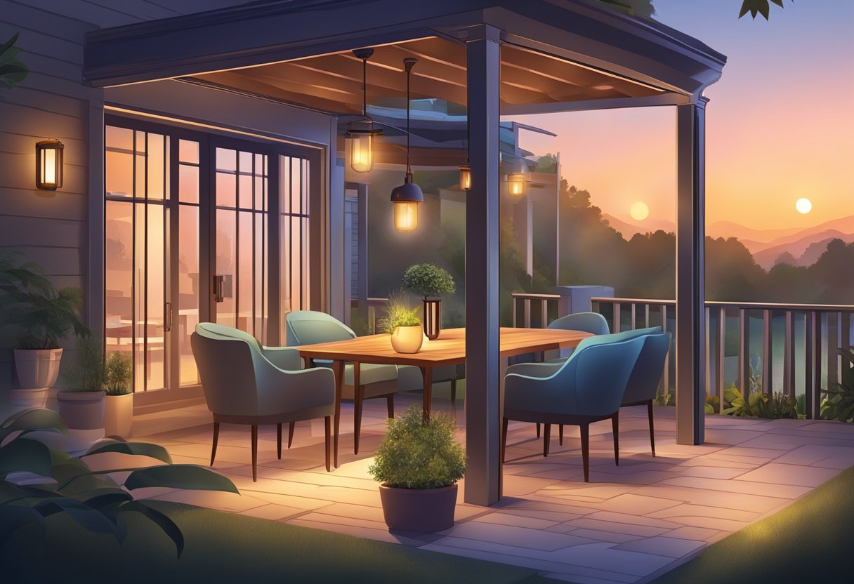 A smartphone app adjusts outdoor smart lights, illuminating a cozy patio with warm, ambient lighting