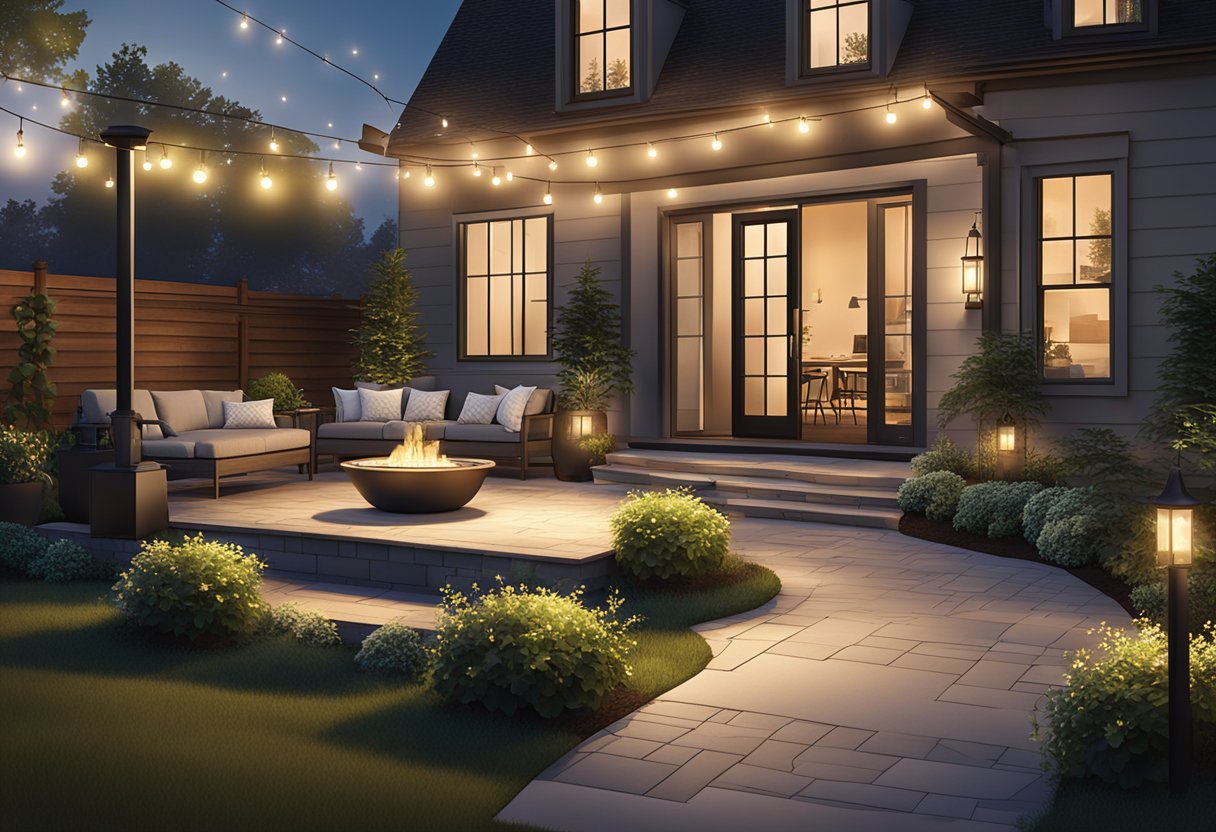 A backyard patio with smart lighting fixtures and accessories. String lights and pathway lights illuminate the space, while a smart hub controls the ambiance