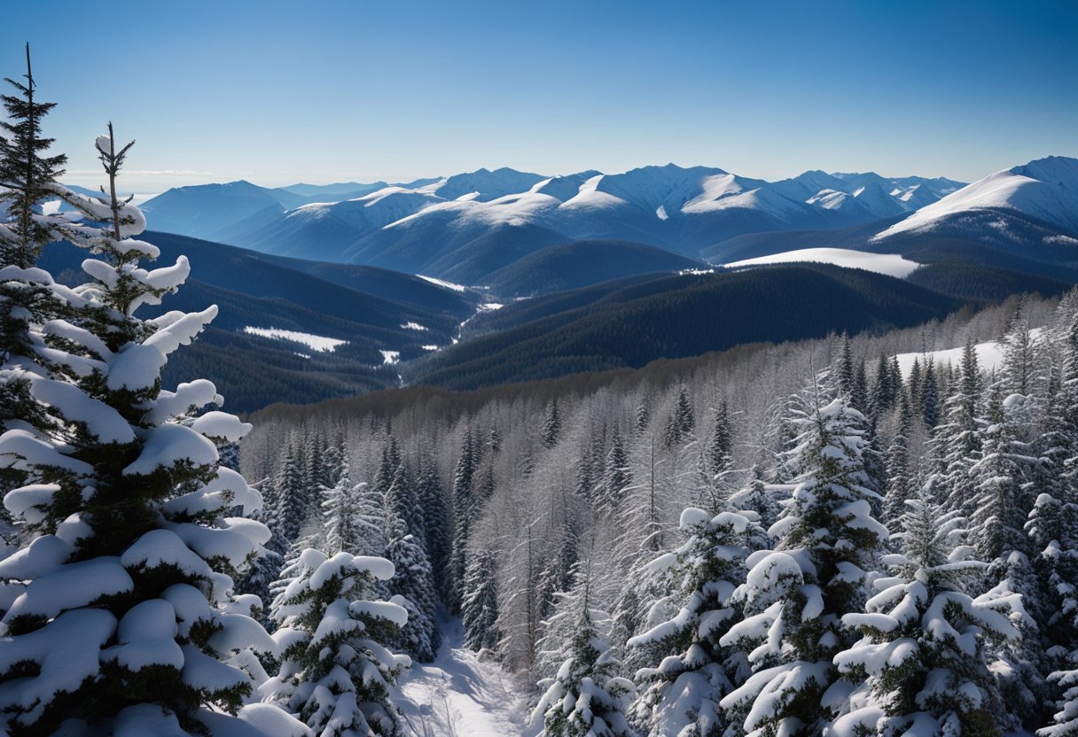 Snow-capped peaks rise above the forested slopes, with winding trails and a clear blue sky above Hunter Mountain