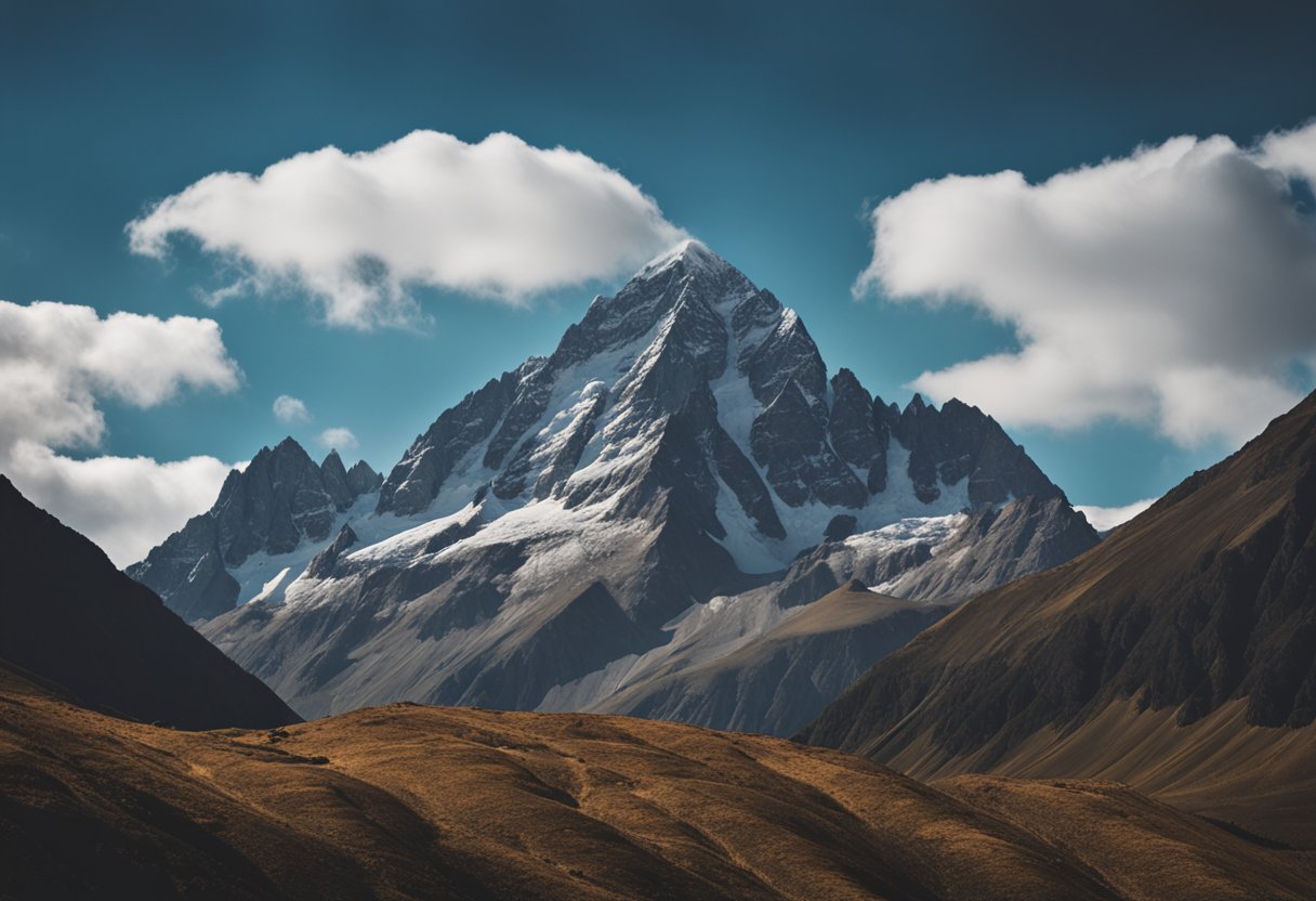 A majestic mountain rises against the sky, its rugged profile dominating the landscape. Jagged peaks and steep slopes create a dramatic and awe-inspiring scene for an illustrator to capture