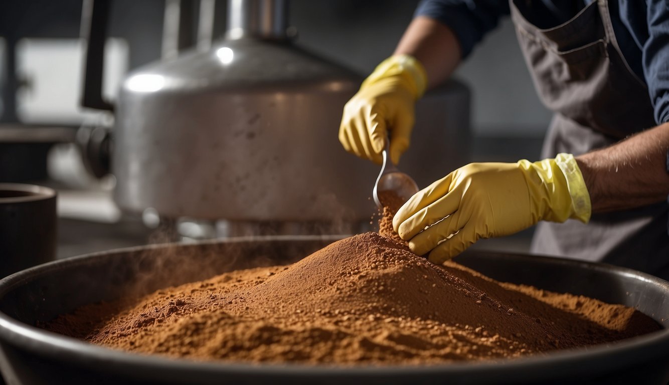 A person carefully measures and mixes cinnamon powder with water in a well-ventilated area, wearing gloves and safety goggles