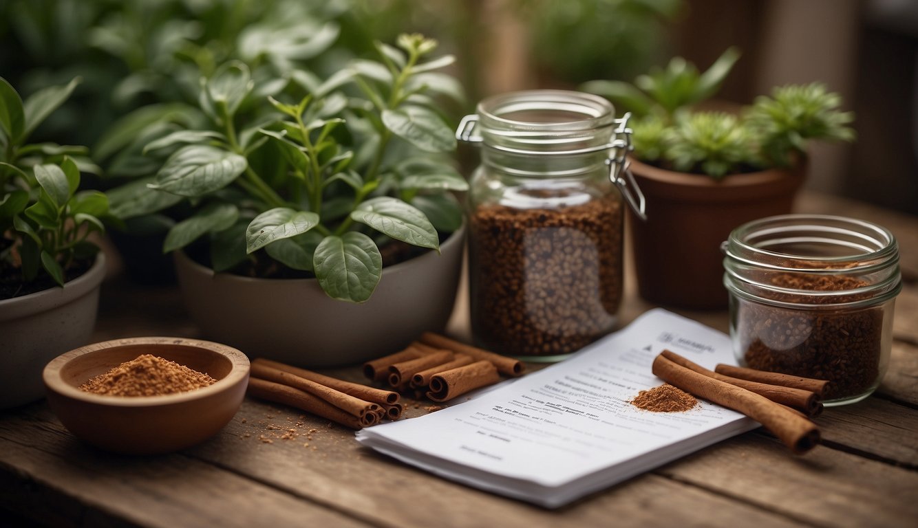 A jar of cinnamon rooting hormone surrounded by various plant cuttings and a small instruction booklet
