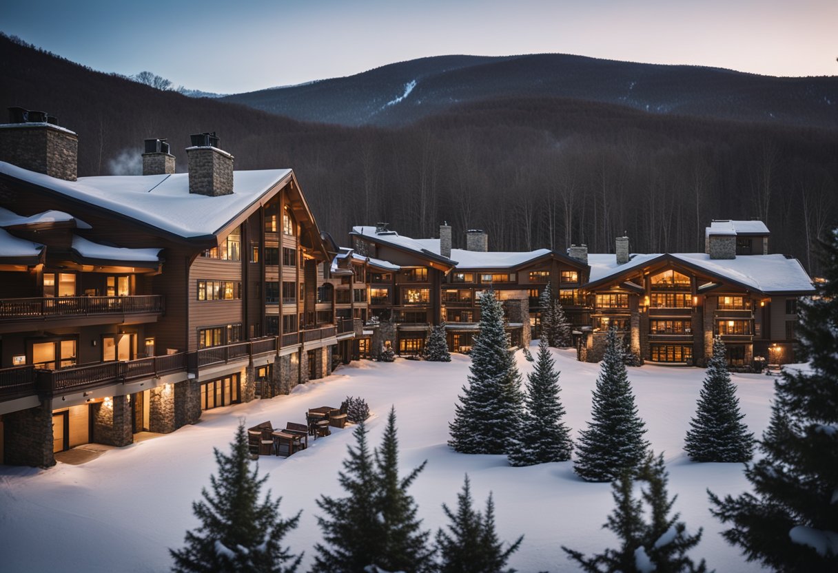 The resort facilities at Hunter Mountain include a cozy lodge, ski lifts, and a bustling ski rental shop