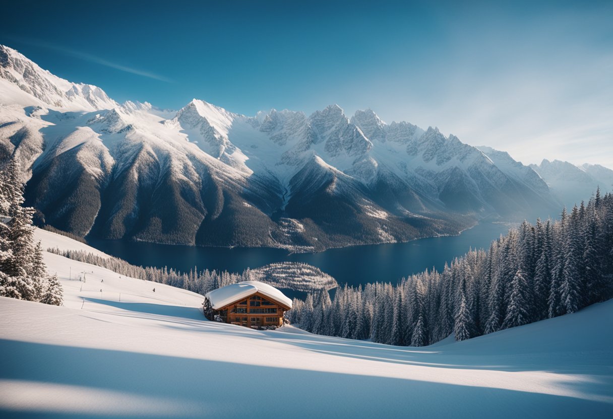 A snow-covered mountain with ski trails, a cozy lodge, and a gondola taking visitors to the top