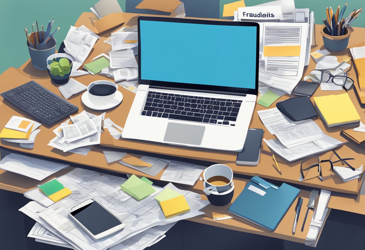 A cluttered desk with scattered papers, a laptop showing fraudulent websites, and frustrated industry professionals