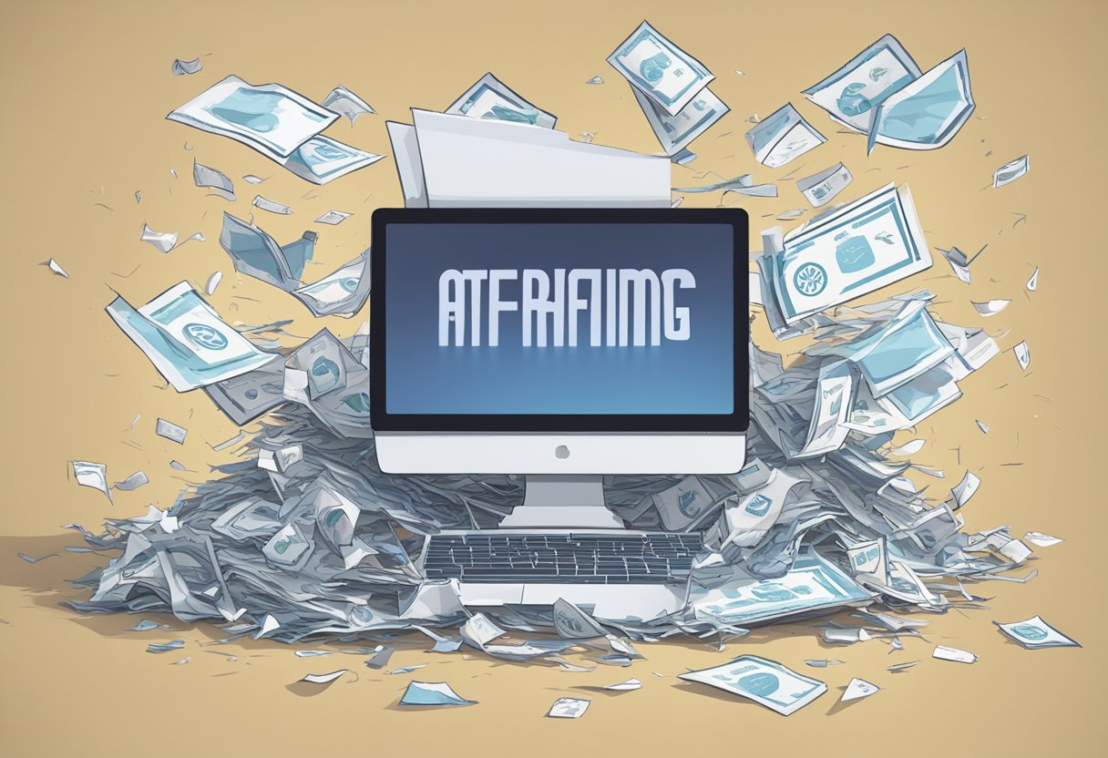 A computer screen displaying various affiliate marketing trends and innovations, with a caution sign next to a pile of shredded paper representing affiliate marketing scams