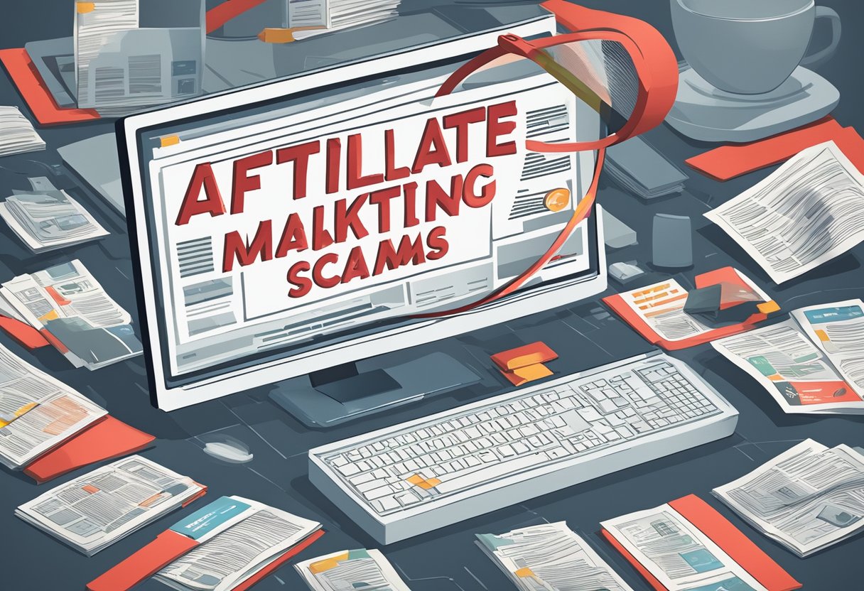 A pile of misleading ads and fake promises surround a computer screen with the words "affiliate marketing scams" highlighted in red