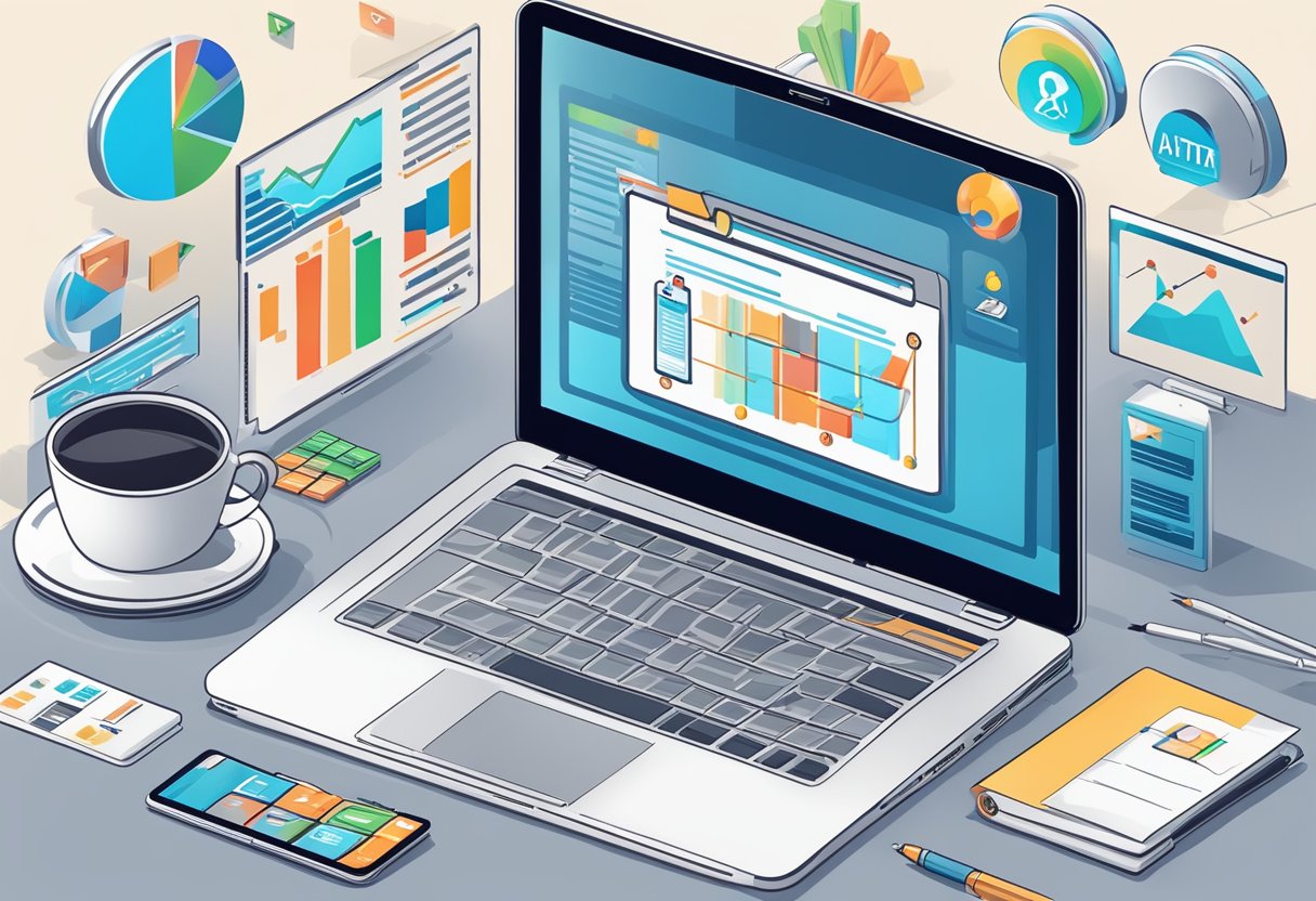 A laptop displaying top 10 affiliate marketing programs, surrounded by various product logos and a graph showing increasing sales