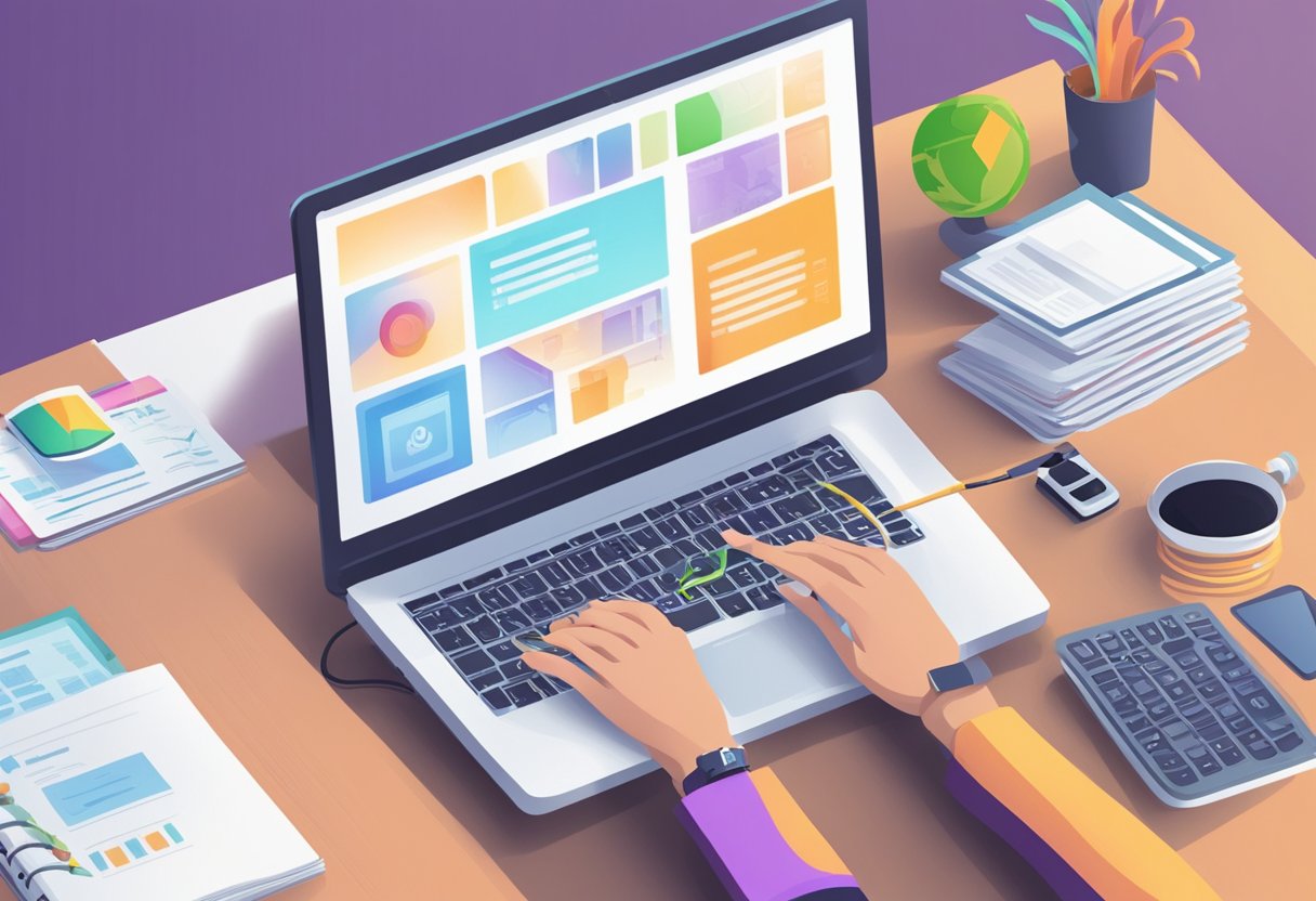 A computer screen displaying the top 10 affiliate marketing programs, with a person's hand reaching out to select one