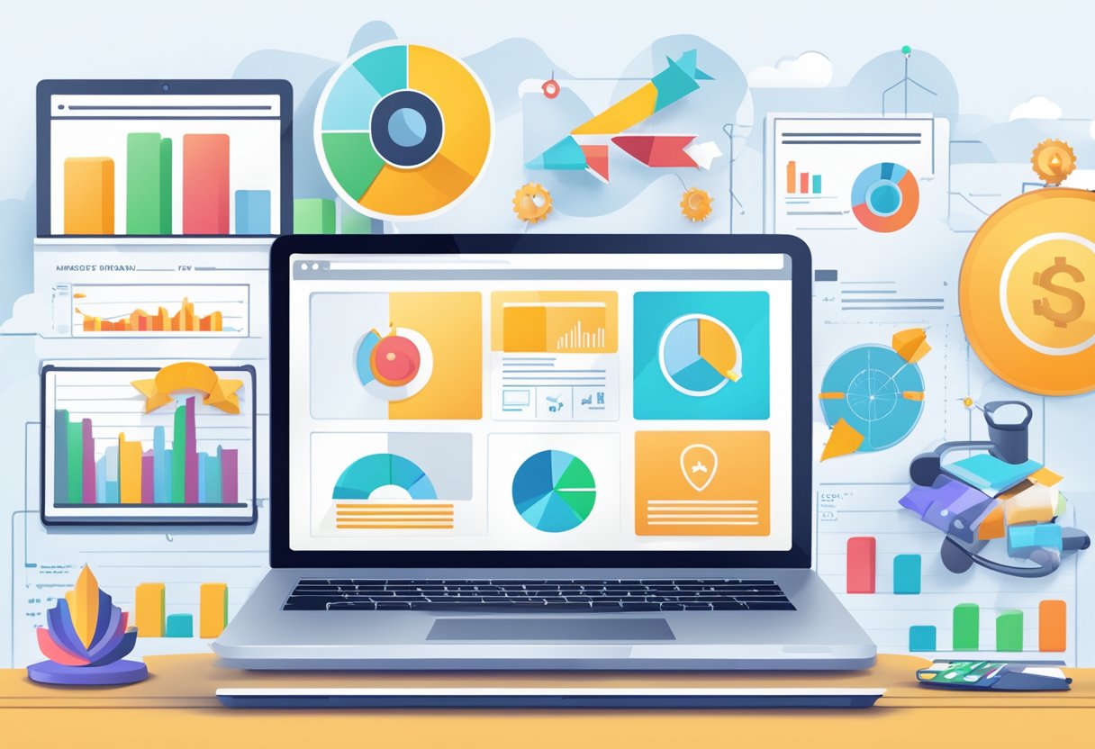 A laptop displaying top 10 affiliate marketing programs with earnings graph in the background. Icons of various affiliate programs surround the screen