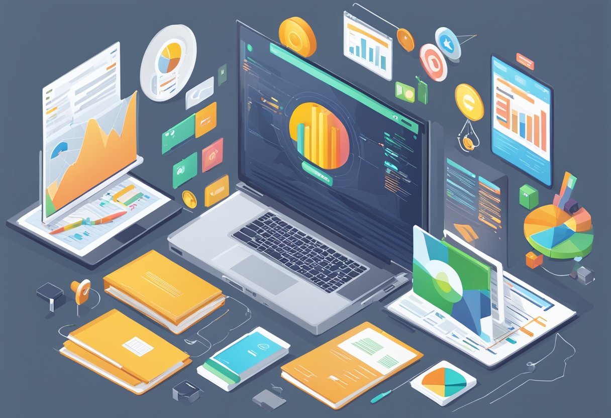A laptop displaying top 10 affiliate marketing programs, surrounded by various marketing materials and charts