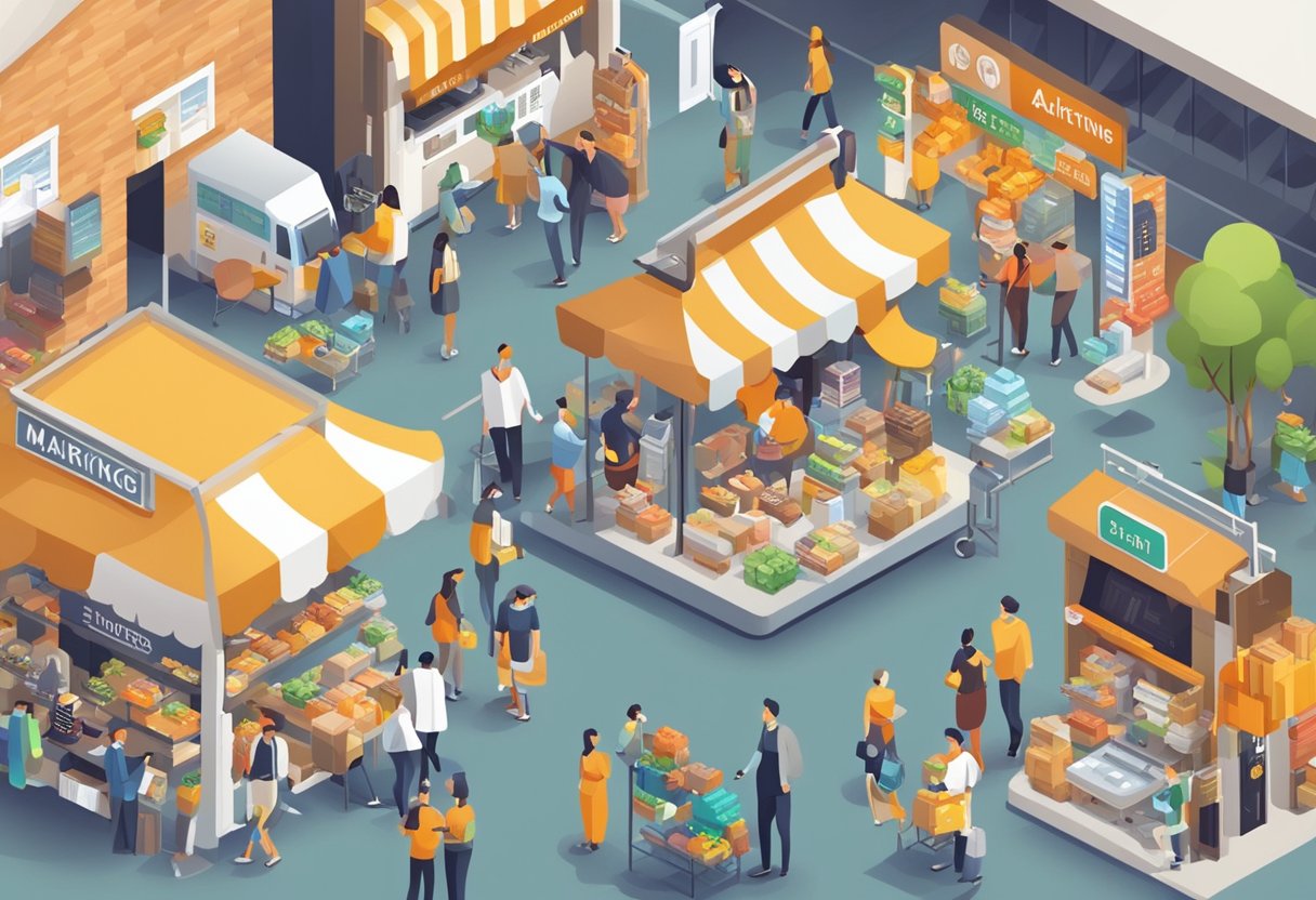 A bustling marketplace with various sectors and industries. Each sector is represented by different affiliate marketing programs, showcasing their top 10 offerings