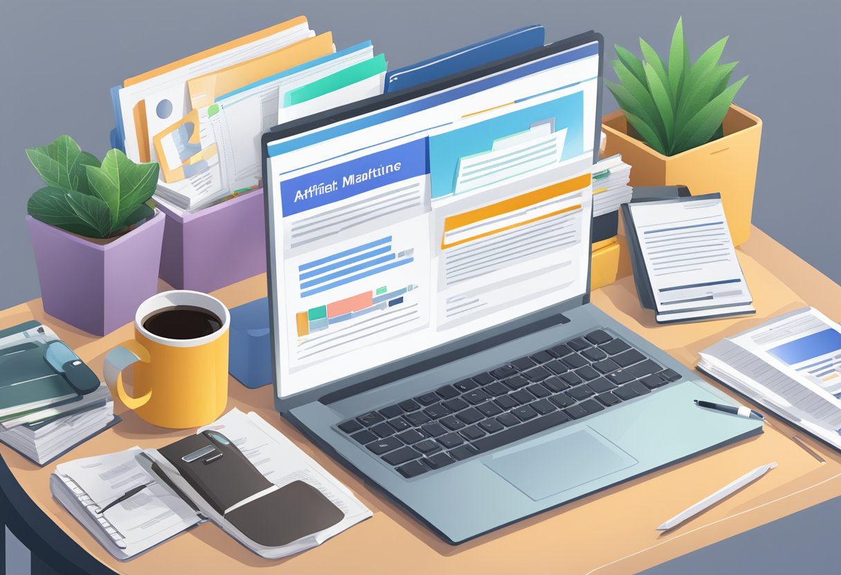 A desk with a computer displaying affiliate marketing programs. Legal documents and compliance guidelines are scattered around the desk