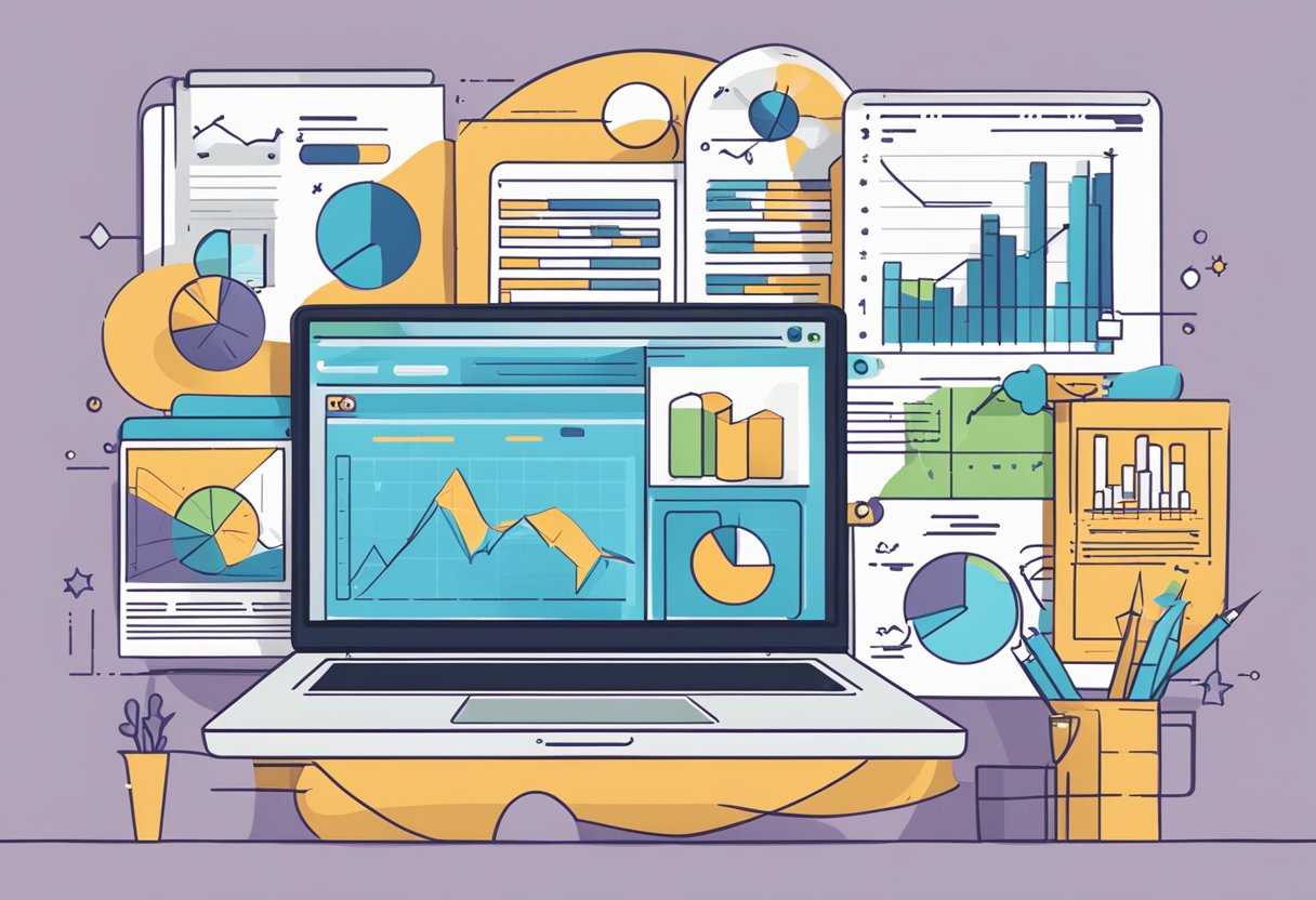A laptop displaying top 10 affiliate marketing programs, surrounded by charts and graphs showing performance metrics