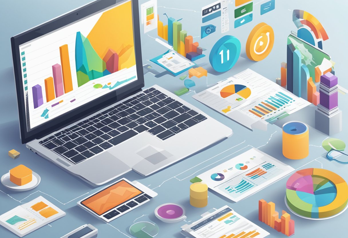 A laptop displaying top 10 affiliate marketing programs. Charts and graphs show technological trends in the background